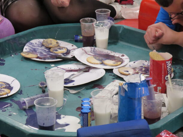 In a large messy play tray on the floor of the classroom, there are 5 paper plates with biscuits decorated with an assortment of purple and white coloured icings